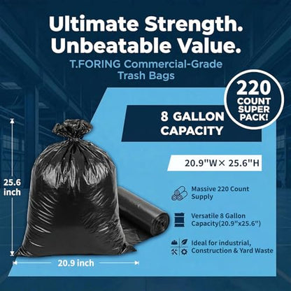 Medium Trash Bags 8 Gallon Heavy Duty, 0.94 Mil, Black, 220 Count | 30 Liter Garbage Bag, Plastic Waste Basket Can Liners, Unscented, Leakproof, Tear Resistant, for Bathroom Office Kitchen Bulk - color: 8 Gallon | 220 Count
