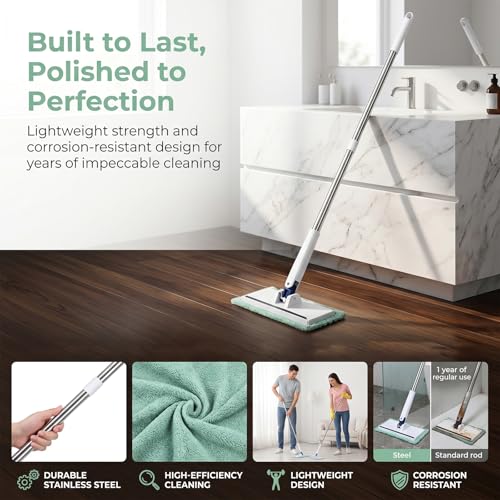 Snap Grip Mini Mop, Hands Free Flat Mop, with 10 Reusable Cloths, Stainless Steel, One-Click Replacement Design, for Wet/Dry Floors, Corner, Multi Cleaning