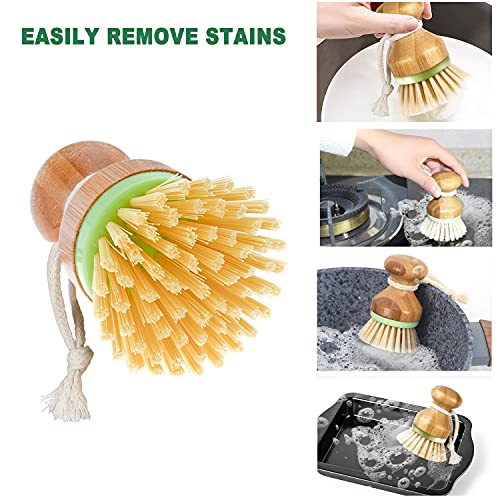 Bamboo Dish Brush, Scrub Brush for Dishes Pots Pans Kitchen Sink Cast Iron Skillet Cleaning, Pack of 2