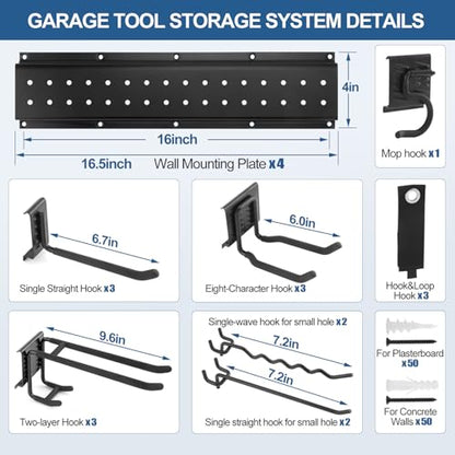66'' Garage Tool Organizer Wall Mount 21PCS, 750lbs Heavy Duty Garden Tool Organizer with 17 Adjustable Hooks, Yard Tool Hanger for Shovel Rake Broom Ladder, Garage Wall Organization, Men's Gift - size: 66''-21Pack