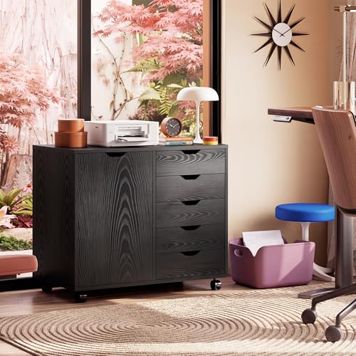DEVAISE Mobile File Cabinet, 5-Drawer Wood Storage Chest with Door, Printer Stand for Home Office, Black - color: Ebony