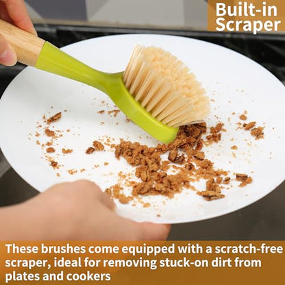 2 Pack Kitchen Dish Brush Bamboo Handle Dish Scrubber Built-in Scraper, Scrub Brush for Pans, Pots, Kitchen Sink Cleaning, Dishwashing and Cleaning Brushes are Perfect Cleaning Tools, Color-Green - style: Green
