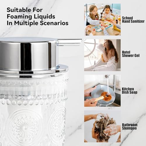 Glass Foaming Soap Dispenser - Foam Hand Soap Dispenser Bathroom, 10 OZ Clear Refillable Liquid Dispenser for Kitchen Dish Dispenser Foam Pump Silver - color: Silver Foam Pump, size: 10 OZ