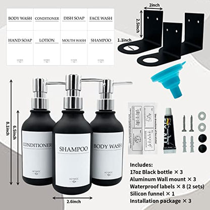 Shampoo Dispenser for Shower Wall, Shampoo and Conditioner Dispenser with 16 Waterproof Labels, No Drill Shower Soap Dispenser Bathroom, Shower Soap Dispenser Wall Mounted,17oz, 3 Pack, Silver Black - color: 1-black Bottle + Silver Pump