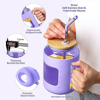 WINSA 50 oz Glass Water Bottles with Silicone Sleeve,Glass Tumbler with Lid and Straw,Iced Coffee Cup with Handle,BPA Free-Purple - color: Purple