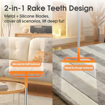 Carpet Rake for Pet Hair Removal, Durable Silicone & Metal Scraper Dog & Cat Pet Hair Remover, Adjustable Long Handle 59'' Pet Hair Carpet Rake for Rugs, Mats, Couch, Furniture