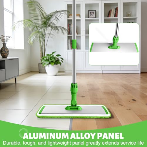 17.7" Microfiber Mop for Floor Cleaning, 59in Long Adjustable Stainless Steel Handle, 360° Rotating Large Flat Mops, 4 Washable Pads for Dry & Wet Cleaning for Hardwood, Vinyl, Laminate, Green