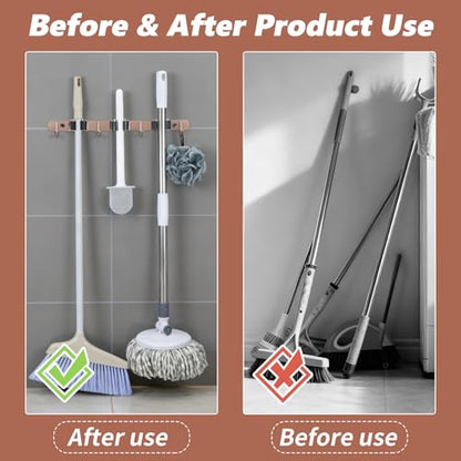 3 Racks and 4 Heavy Duty Hooks Mop and Broom Holder Wall Mount, Stainless Steel Broom Organizer Storage Utility Tool Racks for Home, Kitchen, Garage, Laundry Room. Rose Gold - color: Rose Gold