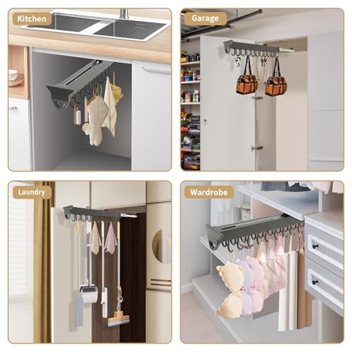 Pull-Out Mop and Broom Holder Slide Broom Closet Organizer Sliding Garage Storage Rack with 20 Adjustable Hooks, 22 in Wall Mount Sliding Organizer Rack for Closet, Kitchen, Laundry
