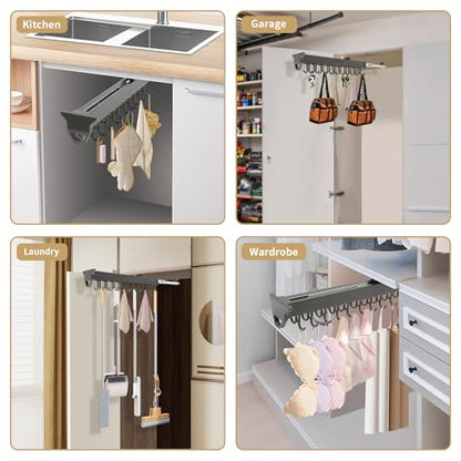 Pull-Out Mop and Broom Holder Slide Broom Closet Organizer Sliding Garage Storage Rack with 20 Adjustable Hooks, 22 in Wall Mount Sliding Organizer Rack for Closet, Kitchen, Laundry