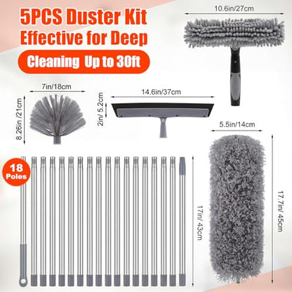 30 Feet High Reach Duster Kit with 2-24 ft Extension Pole High Ceiling Dusting and Window Cleaning Kit with Window Washer & Squeegee, Cobweb Duster, Washable Head for Ceiling Fan(Gray) - color: Gray, size: 30 ft