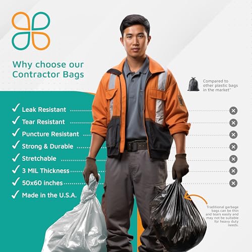 PlasticMill Contractor Bags Heavy Duty - Commercial, Industrial Garbage Bags - Clear Construction Trash Bags - Outdoor, Garden Trash Bags, 64-Gallon, 3 Mil, 50"x60" (30-Count)