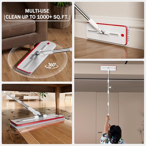 HoMettler Dual Mop and Bucket Set, Flat Mop and Bucket System with Separate Dirty and Clean Water, 3-Compartment Wall Cleaner Mop, Flat Mops for Floor Cleaning with 6 Microfiber Pads