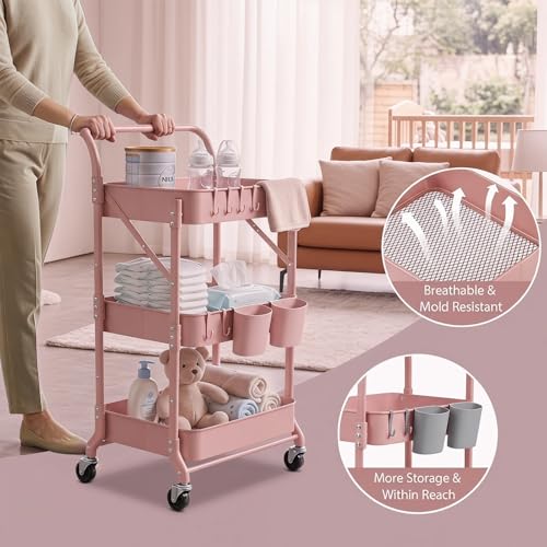 Amatic 3-Tier Folding Rolling Utility Cart with Wheels, Foldable Storage Cart Organizer with 3 Hanging Cups & 6 Hooks for Kitchen, Office, Living Room, Nursery(Pink) - color: Pink