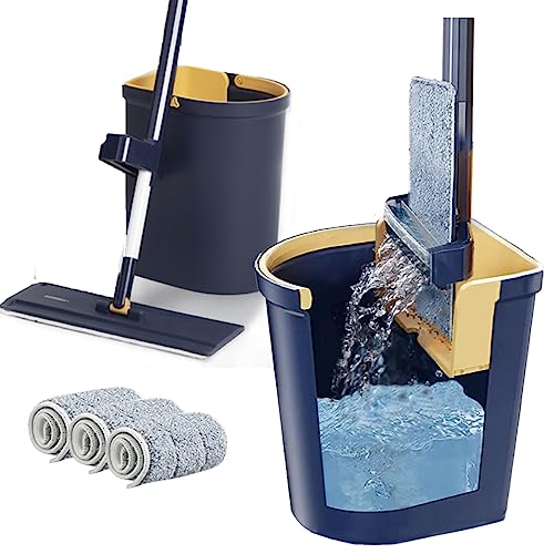 Flat Floor Mop and Bucket Set with Hands-Free and Self-Wringing | Mop for Floor Cleaning, Floor Mop with Reusable Microfiber Mop Pad, for Hardwood, Laminate and Tile Floors, (Navy)