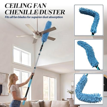 COVERONICS 25FT High Duster Cleaning Tools with 5-20FT Extension Poles - Reusable Fan Duster Cleaning Kits with Ceiling Fan Cleaner Duster, Window Squeegee, Microfiber Feather Duster & Cobweb Duster - size: 20FT