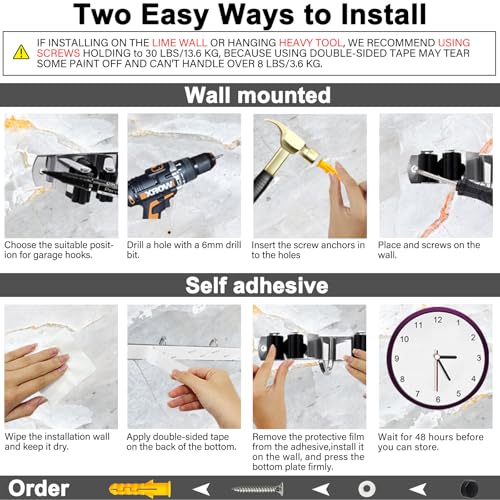 2 Packs 5 Racks and 4 Hooks Mop and Broom Holder Wall Mount, SUS304 Heavy Duty Broom Organizer Storage Tool Racks, Self Adhesive Solid Non-slip Tool Hangers for Home Kitchen Garden Laundry Garage - color: 5 Racks & 4 Hooks (Silver) - 2 Pack