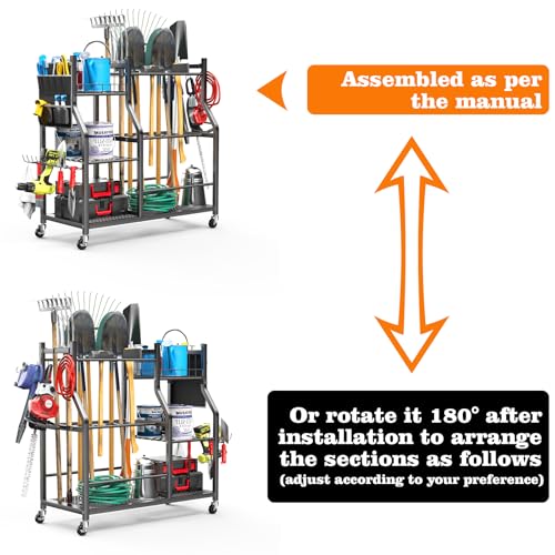 36" Large Garden Tool Organizer with Wheels & Side Tool Bag, 3 Tier Rolling Garage Storage Rack for Long Handled Rakes, Shovels, Brooms, Freestanding Yard Tools Cart for Shed & Outdoors