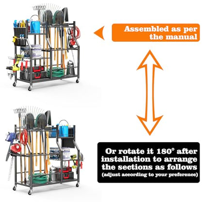 36" Large Garden Tool Organizer with Wheels & Side Tool Bag, 3 Tier Rolling Garage Storage Rack for Long Handled Rakes, Shovels, Brooms, Freestanding Yard Tools Cart for Shed & Outdoors