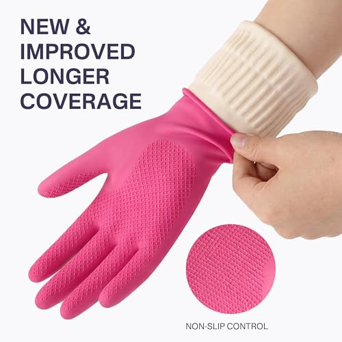 Rubber Dishwashing Gloves, 3 Pairs, Reusable Cleaning Dish Gloves for Kitchen, Non-Slip, Waterproof Dish Washing, Long Cuff for Woman (Red+Pink+Green, Medium)