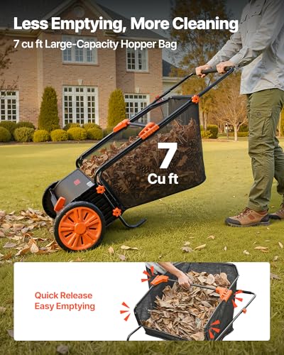 VEVOR Push Lawn Sweeper, 26 in Leaf & Grass Collector with 7 cu. ft. Hopper Bag, Adjustable Brush Height & Spinning Brushes, Heavy Duty Yard Sweeper with Rubber Wheels for Leaves Grass Cleanup