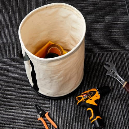 2 Pack Canvas Bucket 15" x 12" Heavy Duty Lineman Tool Bag with Plastic Bottom & Metal Hook Electrician Tool Organizer for Jobsite Use, Load Rated up to 150 Pounds (White) - color: White