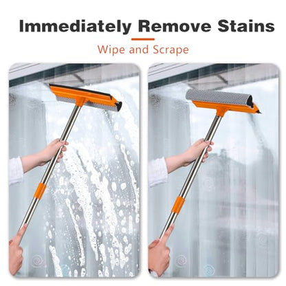 15.9" Window Squeegee with Extension Pole - 2-in-1 Glass Cleaner and Sponge Scrubber for Shower, Car Windshield, Home and Outdoor High Windows with Stainless Steel Handle