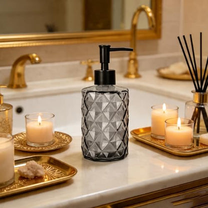 12Oz Small Glass Soap Dispenser with Black Plastic Pump, Gray Refillable Kitchen Countertop Liquid Hand Soap Dispensers with Diamond Design, Bathroom Lotion Bottle for Dispense Dish Soap, 2 Set - color: Gray Diamond 2pcs
