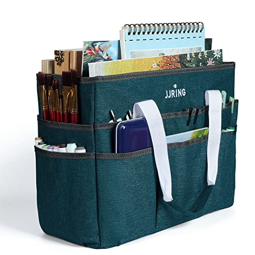 JJRING Craft Organizer Tote Bag, Large Art Storage Caddy with Multiple Pockets, Bluish Green Sewing Bag for Art, Craft, Scrapbooking, School, Medical, and Office Supplies Storage - color: Bluish Green, size: Large