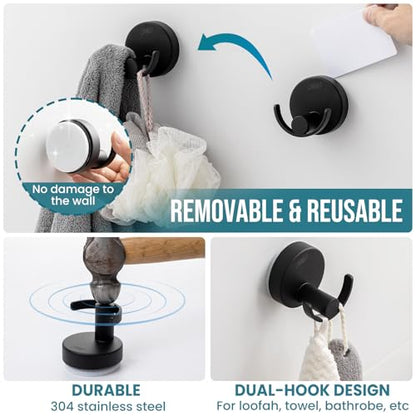 TAILI 304 Stainless Steel Bathroom Suction Hooks for Towel, Bathrobe, Loofah, Patented Strong Suction Cup Holder, No Damage Hanging Glass Shower Wall Hook, Double-Hook Sleek Design, 2 Pack, Black - color: Sleek Double-Hook, Black