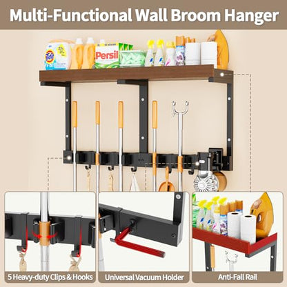 Broom Holder Wall Mount with Cleaning Supplies Organizer, Laundry Room Shelves with Mop Hanger Rack Gripper Hooks and Vacuum Organizer, Broom and Mop Organizer Wall Hanging for Home Garage Kitchen