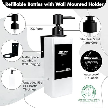 Shampoo Dispenser for Shower Wall, Shampoo and Conditioner Dispenser with 16 Waterproof Labels, No Drill Shower Soap Dispenser Bathroom, Shower Soap Dispenser Wall Mounted 3 Chamber, 17oz,White - color: White Bottle + Black Pump