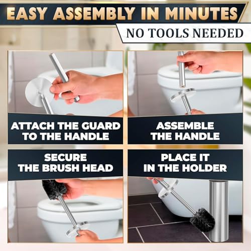 2 Pcs Stylish Stainless Steel Toilet Brush and Holder Set - Silver Toilet Bowl Brush and Holder with Splash Cover, Sturdy Bristles, Corrosion & Scratch Resistant - Elegant Design, Effective Cleaning - color: Silver 2 Pcs