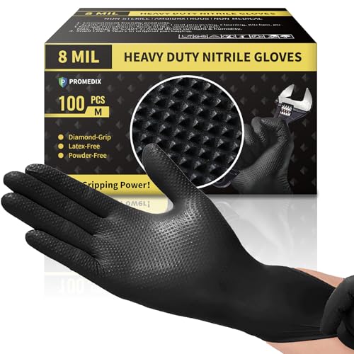 PROMEDIX P Heavy Duty Nitrile Gloves with Diamond Texture 8 Mil Latex Free Powder Free Industrial Disposable Glove - color: Black, size: Medium