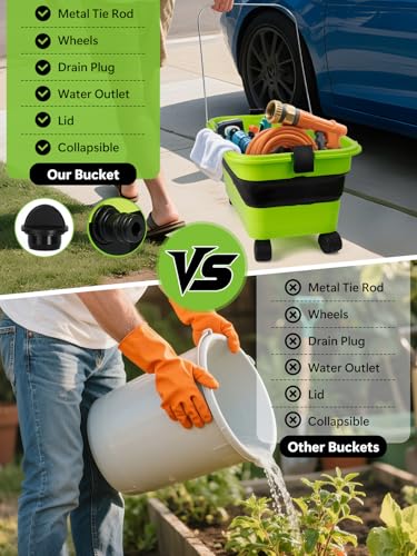 Collapsible Bucket 5.8 Gallon 22L with Wheels Handle Drain Plug Water Outlet and 2 Universal Connectors for Portable Pressure Washer Cordless Car Washing Camping RV Pet Bath Multi-Use