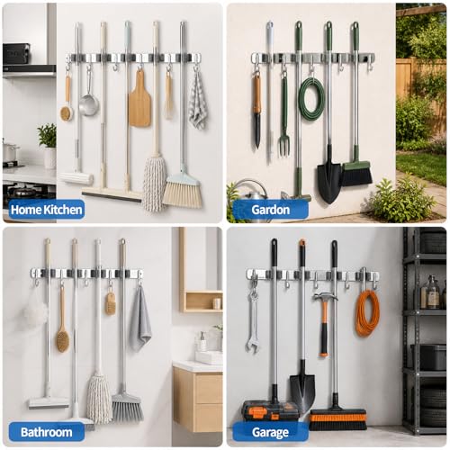 4 Racks and 5 Hooks Mop and Broom Holder Wall Mount, 304 Stainless Steel Broom Hanger Organizer for Home Kitchen Garden Laundry Garage - size: 4 Racks 5 Hooks