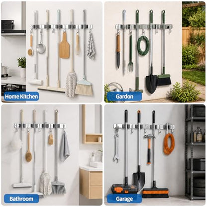 4 Racks and 5 Hooks Mop and Broom Holder Wall Mount, 304 Stainless Steel Broom Hanger Organizer for Home Kitchen Garden Laundry Garage - size: 4 Racks 5 Hooks