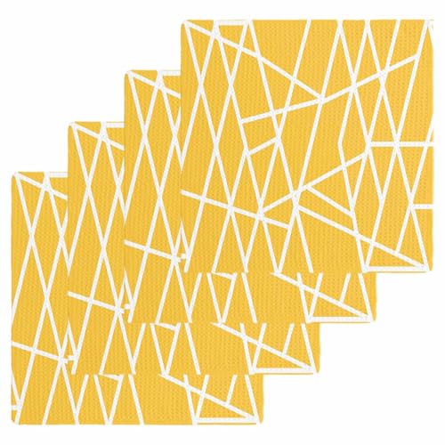 Modern Yellow Dish Towels Set, Waffle Weave Kitchen Towels 4 Pieces, Microfiber Hair Face Bath Tea Towel Absorbent Quick Drying Cleaning Dish Cloths, White Minimalist Geometric Stripes 12"x12" - size: 4PCS,12"x12"