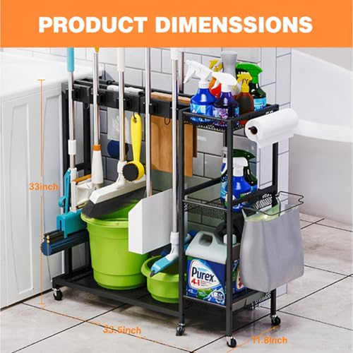 Rolling Cleaning Cart with Wheels, Mop and Broom Holder Organizer, Heavy Duty Utility Cleaning Supply Rack with Storage Shelves & Hooks for Garage, Laundry Room, Kitchen