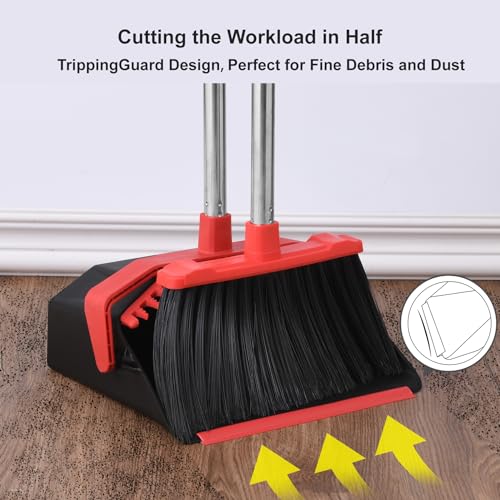 Tiumso Upgrade Broom and Dustpan Set, 51'' Sturdy Long Handle, Large Upright Stand Up Broom and Dustpan, ZeroGap Lip, Self-Cleaning Dustpan Teeth for Lobby Kitchen Office Floor - Black and Red - color: Black and Red