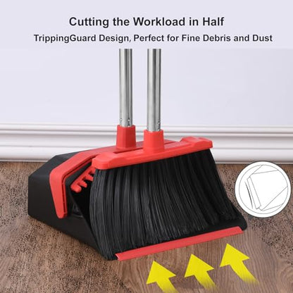 Tiumso Upgrade Broom and Dustpan Set, 51'' Sturdy Long Handle, Large Upright Stand Up Broom and Dustpan, ZeroGap Lip, Self-Cleaning Dustpan Teeth for Lobby Kitchen Office Floor - Black and Red - color: Black and Red