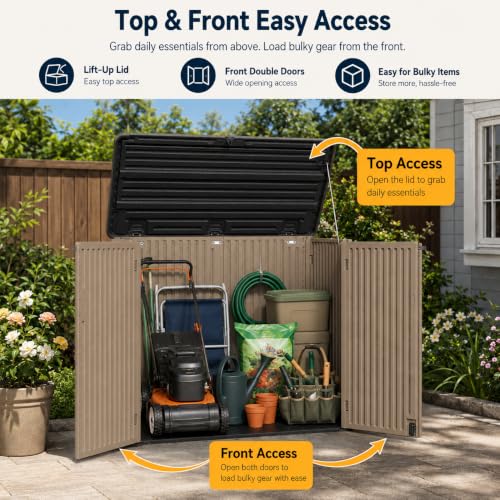 ADDOK 38 Cu.Ft Outdoor Storage Shed with Floor,Large Waterproof Resin Storage Cabinet with Lift-Up Lid,Double Doors and Lockable Design for Lawn Mower,Garden Tools, Patio,Backyard and Pool Supplies - size: Coffee 38 Cu.Ft