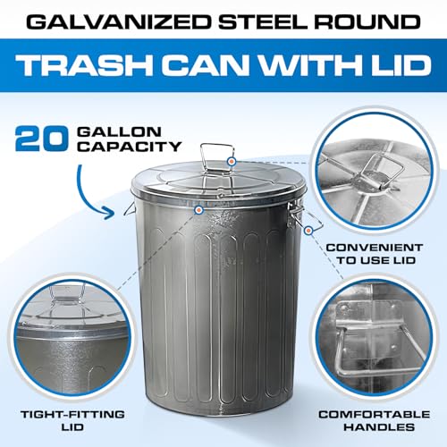 Plexon 20 Gallon Metal Trash Can with Lid Outdoor Large Trash Bin Galvanized Steel Garbage Can for Farm Garage Patio Ash Bucket Bird Seed Storage Can Heavy Duty Round Container, 2 Pack
