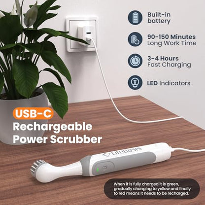 LifeBasis Rechargeable Power Scrubber, Cordless Electric Cleaning Brush, Water Resistant Small Electric Grout Brush with 5 Brushes for Home/Kitchen/Bathroom/Grout/Tile/Shower/Tub, White