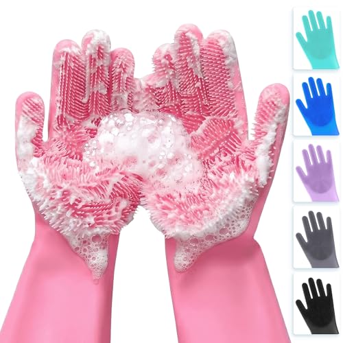 ALPENKOK Silicone Dishwashing Gloves with Scrubber – Non-Slip Silicone Gloves for Washing Dishes | Household Use - color: Pink