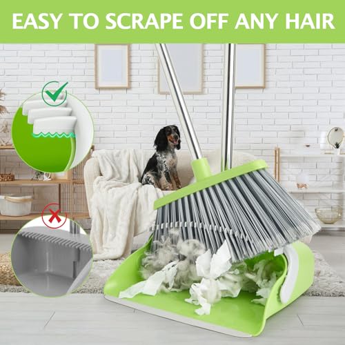 Broom and Dustpan Set, Dustpans with Broom Combo for Home, Heavy Dust Broom and Dustpan Combo, Long Handle Dust Pan and Broom Set for Kitchen, Office, Pet Hair(Gray Green) - color: Green 1-pack