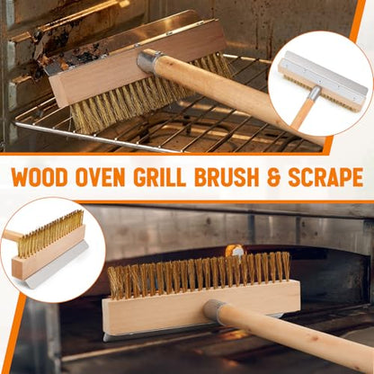 Reallnaive 1 Pack 37 Inch Wood Handle Pizza Oven Brush with Scraper Outdoor Pizza Oven Cleaning Brush Tool, Aluminum Threaded Tip, Brass Bristles with Steel Scraper