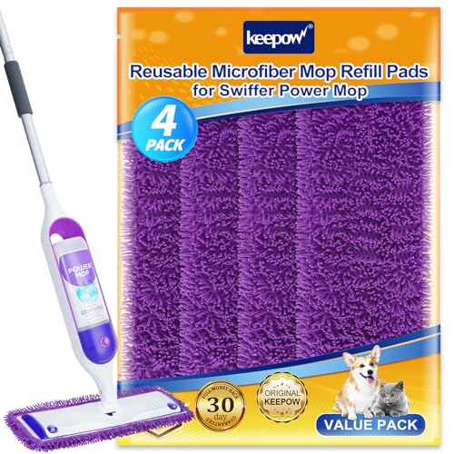 KEEPOW Reusable Microfiber Mop Pads Compatible with Swiffer PowerMop 4 Pack, Power Mop Pads Refills for 13 ''-15 '' Spray Mop, Machine Washable Pad Replacement for Multi-Surface Floor Cleaning - color: Purple 4 Pack
