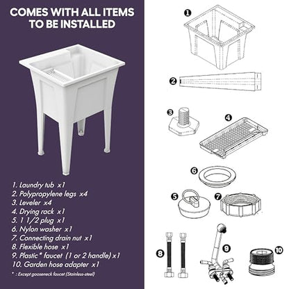Freestanding Utility Sink with One Handle Chrome Faucet - 24" Plastic Utility Sink for Garage, Laundry, Indoor and Oudoor Use - Laundry Tub Kit by Noah William Home - White (19.5 gal) - color: White - One handle chrome faucet