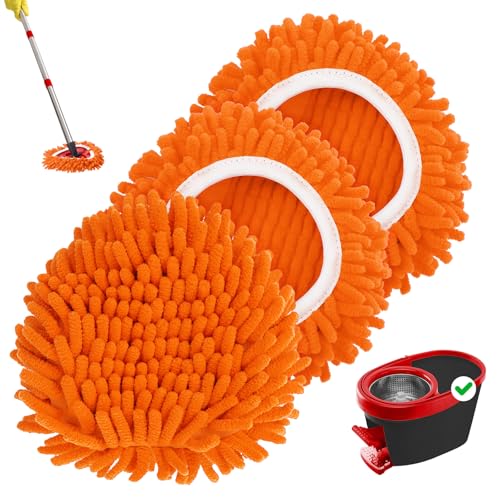 Baderke 3 Pack Chenille Mop Heads Replacements Compatible with 1 Tank System Chenille Duster Replacement Heads Microfiber Spin Mop Refill Pads Reusable Dust Refills for Floor Cleaning (Orange) - color: Orange